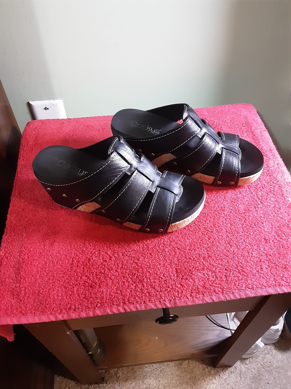 Corkys Black Leather Wedge Slide Clogs with Cork-Look Sole
